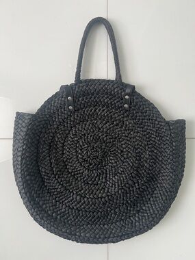 Mud Pie Black Woven Round Tote